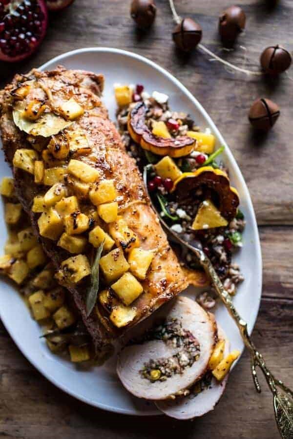 Pineapple glazed pork roast with bacon wild rice stuffing
