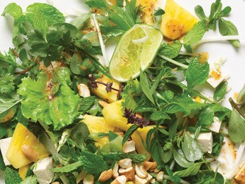 Pineapple, greens, and tofu with roasted chile-coconut dressing