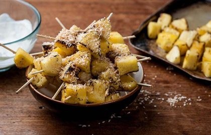 Pineapple kebabs with lime crème fraîche and toasted coconut