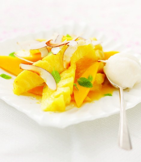 Pineapple, mango and coconut fruit salad