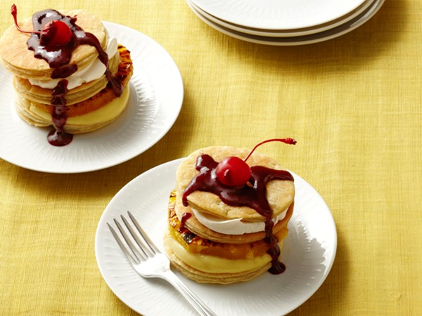 Pineapple millefoglie with maraschino cherry sauce