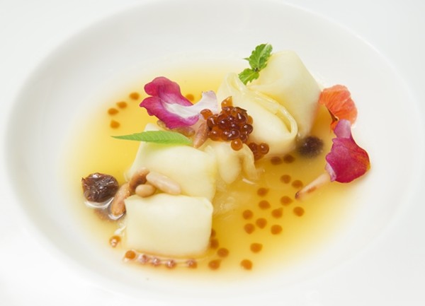 Pineapple ravioli with ricotta and coffee caviar