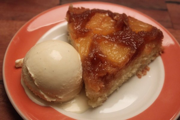 Pineapple upside-down cake with toasted coconut ice cream