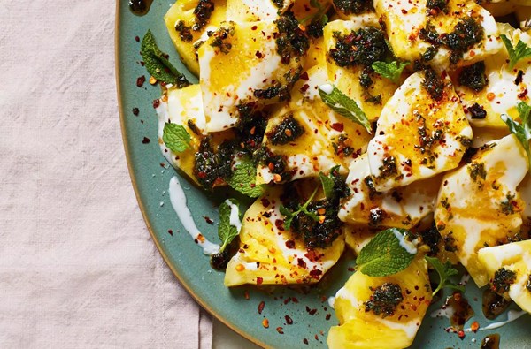 Pineapple with coconut & chilli mint drizzle