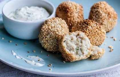 Ping-pong balls with chive yoghurt
