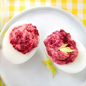 Pink deviled eggs