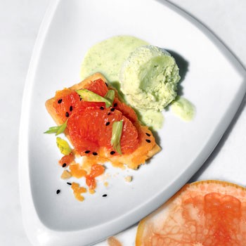 Pink grapefruit tarts with edamame ice cream and black sesame seeds