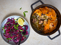 Pink pepper lamb hotpot with sautéed red cabbage and mint