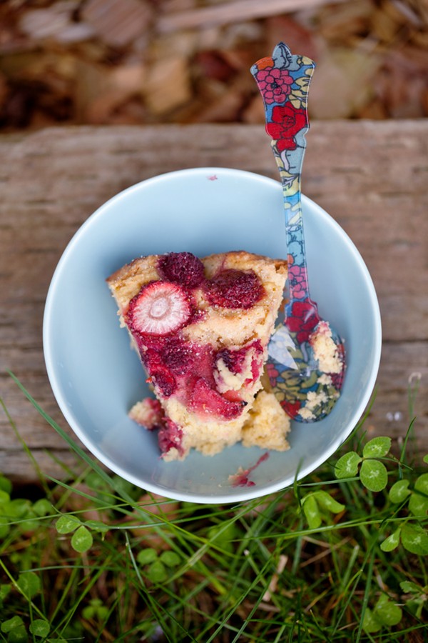 Pink peppercorn-kissed rhubarb and berry cake