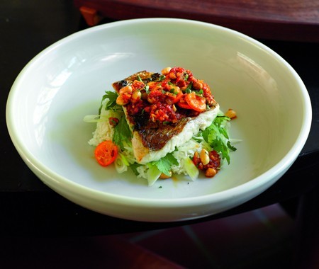 Pink snapper with coconut rice, peanuts, and kumquat sambal