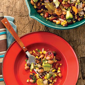 Pinto, black, and red bean salad with grilled corn and avocado