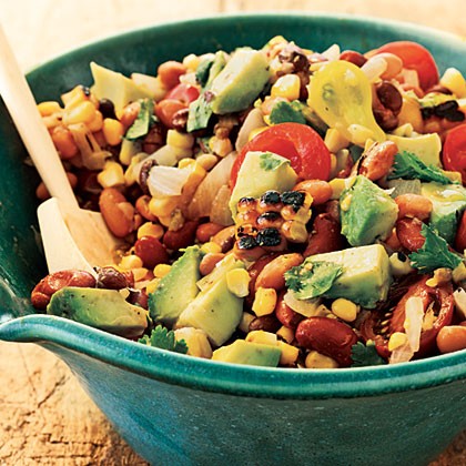 Pinto, black, and red bean salad with grilled corn and avocado