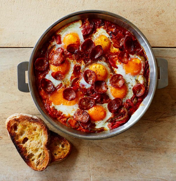 Piperade with baked eggs and crispy chorizo
