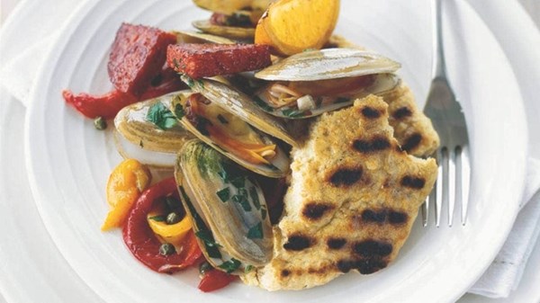 Pipi and chorizo with barbecue soda bread and capsicums with chilli and capers