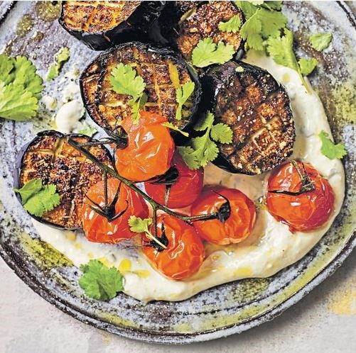 Piri piri aubergines with houmous