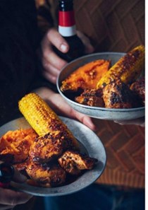 Piri piri chicken with corn-on-the-cob and roasted sweet potato