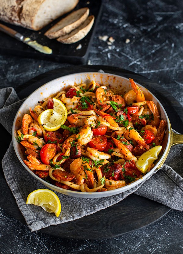 Piri piri prawns with chorizo and squid