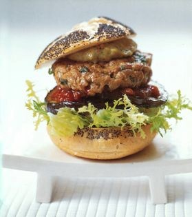 Piri piri tuna burger with grilled aubergines, spicy tomato relish and almond picada