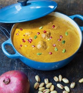 Pistachio + pomegranate braise with meatballs (Fesenjoon-e pesteh-o kufteh-ye Kermani)