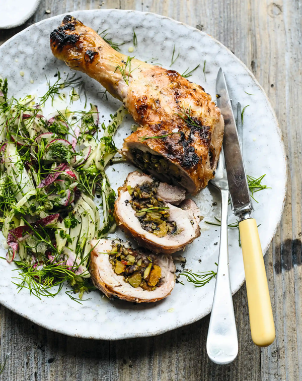 Pistachio and apricot-stuffed chicken legs