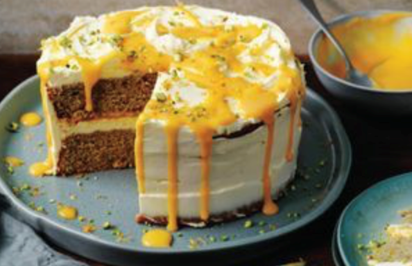 Pistachio and cardamom cake with grapefruit curd [Justine Watts]