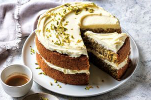 Pistachio and cardamom cake with whipped white chocolate ganache