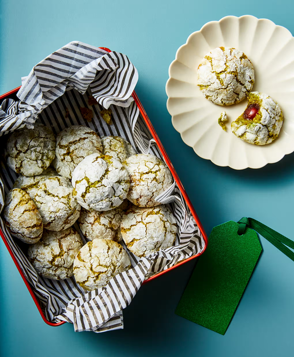 Pistachio and cherry amaretti bites