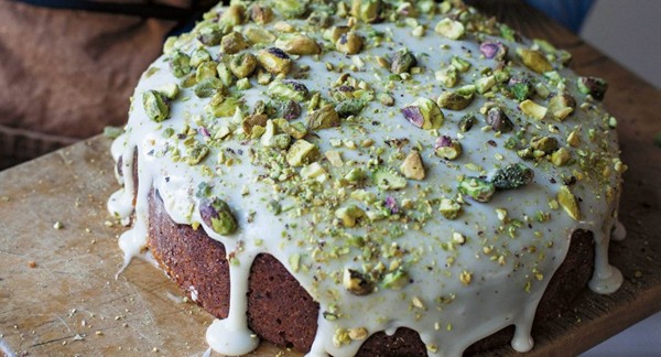Pistachio and elderflower cordial cake