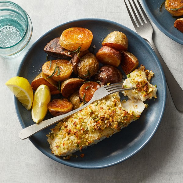 Pistachio-and-halloumi crusted halibut