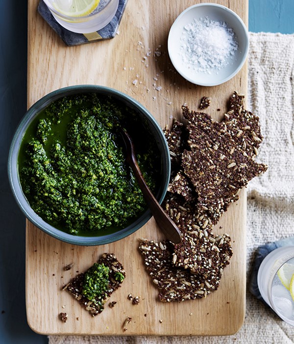 Pistachio and kale dip with seeded crackers