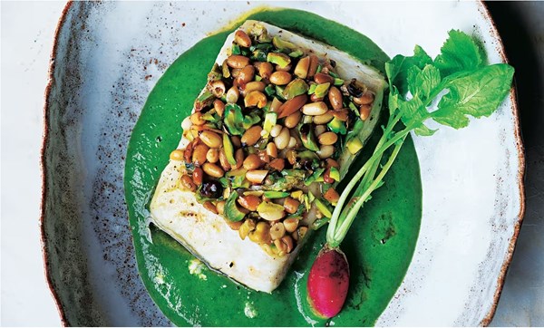 Pistachio and pine nut-crusted halibut with wild rocket and parsley vichyssoise
