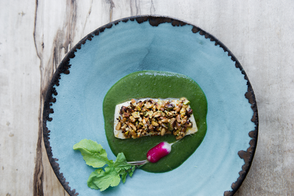 Pistachio and pine nut-crusted halibut