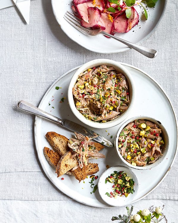 Pistachio and pink peppercorn potted duck
