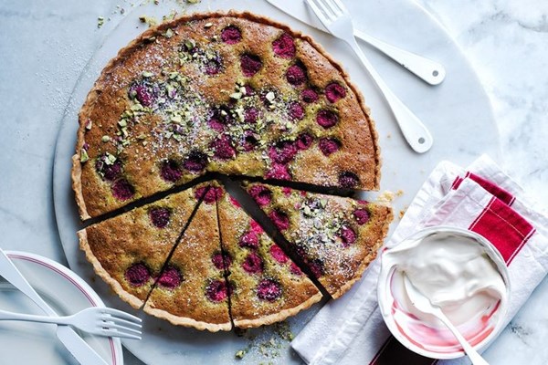 Pistachio and raspberry tart