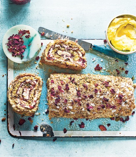 Pistachio and rose petal roulade