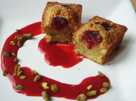 Pistachio and rose water financiers with raspberries