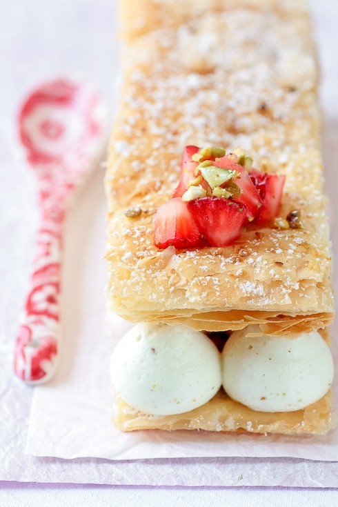 Pistachio and strawberry mousse mille feuilles