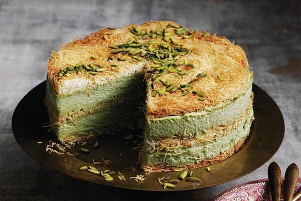 Pistachio and white chocolate kataifi mousse cake