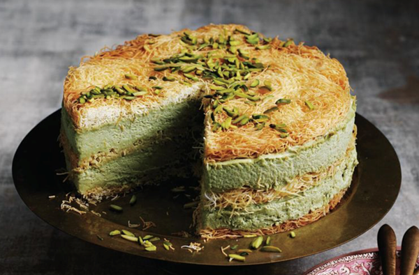 Pistachio and white chocolate kataifi mousse cake