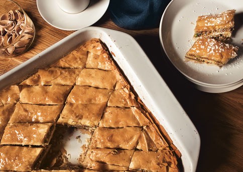Pistachio baklava with orange-cardamom syrup