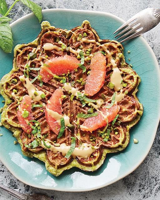 Pistachio banana waffles with grapefruit, mint, & Dulcey