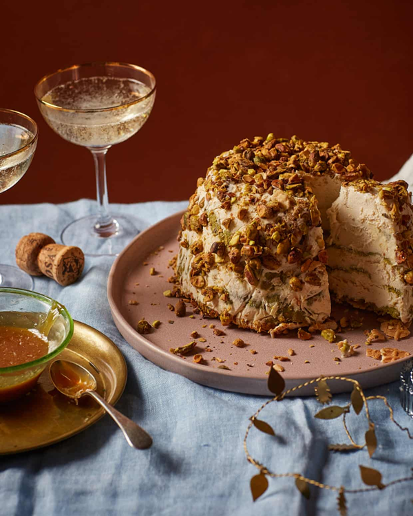 Pistachio bombe with brandy caramel
