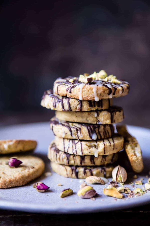 Pistachio butter cookies with chocolate tres leches drizzle