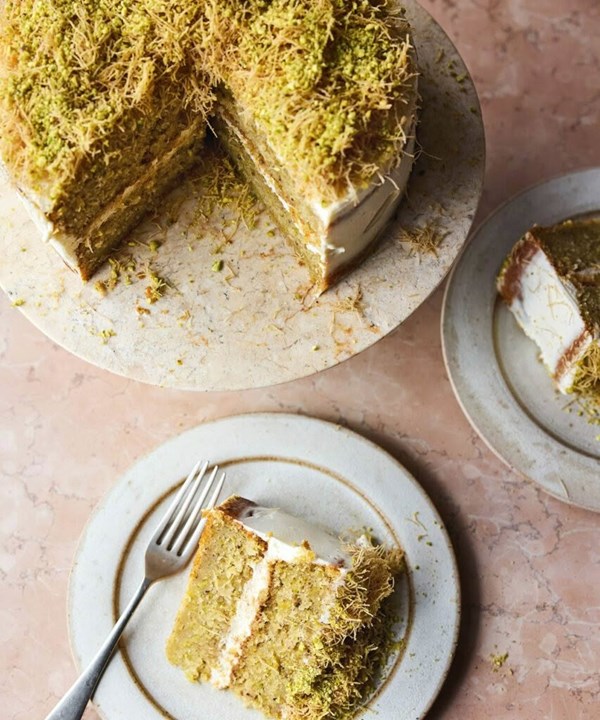 Pistachio cake with labneh cream & kataifi