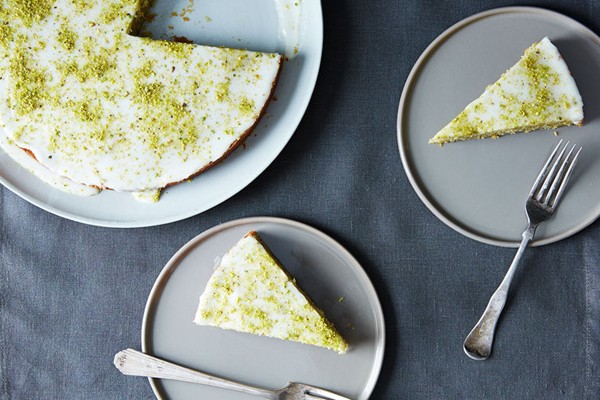 Pistachio cake with lemon, cardamom, and rose water