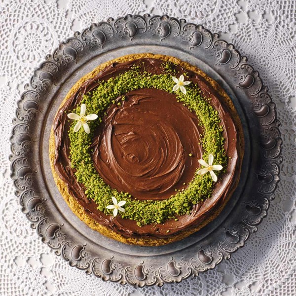 Pistachio cake with orange-blossom ganache