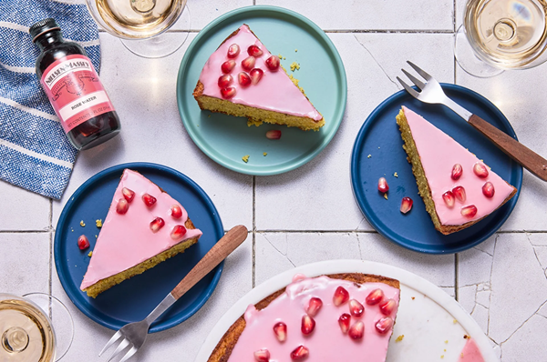 Pistachio cake with pomegranate glaze
