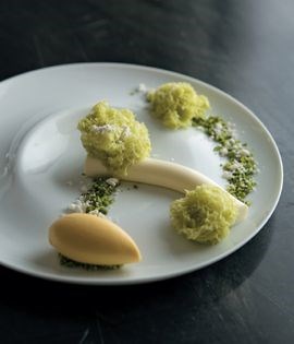 Pistachio cake, yoghurt cream and mandarin ice cream