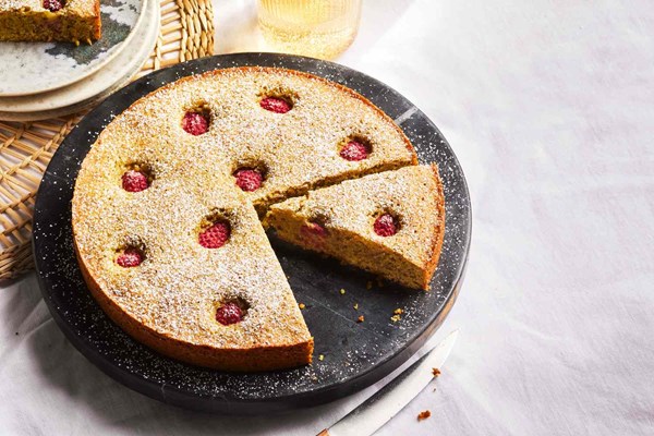 Pistachio, cardamom, and raspberry financier cake