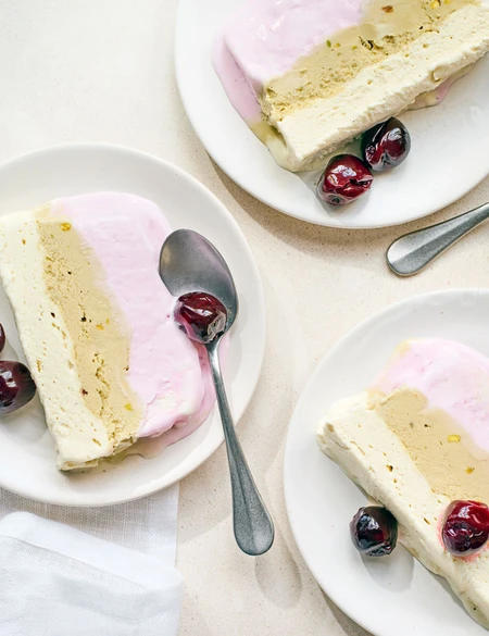 Pistachio, cherry and vanilla Neapolitan slice
